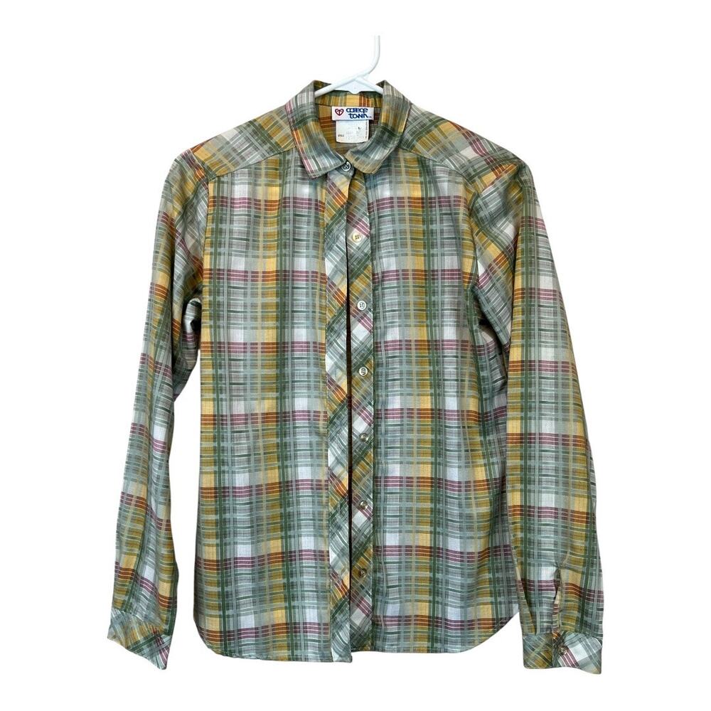 Vintage Plaid Button Up Blouse Shirt Top Retro 70s 80s Neutral - Picture 1 of 6